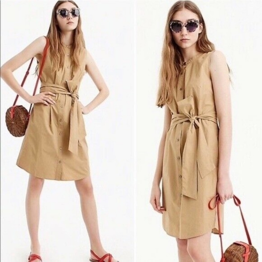 J Crew Poplin Sleeveless Khaki Belted Dress